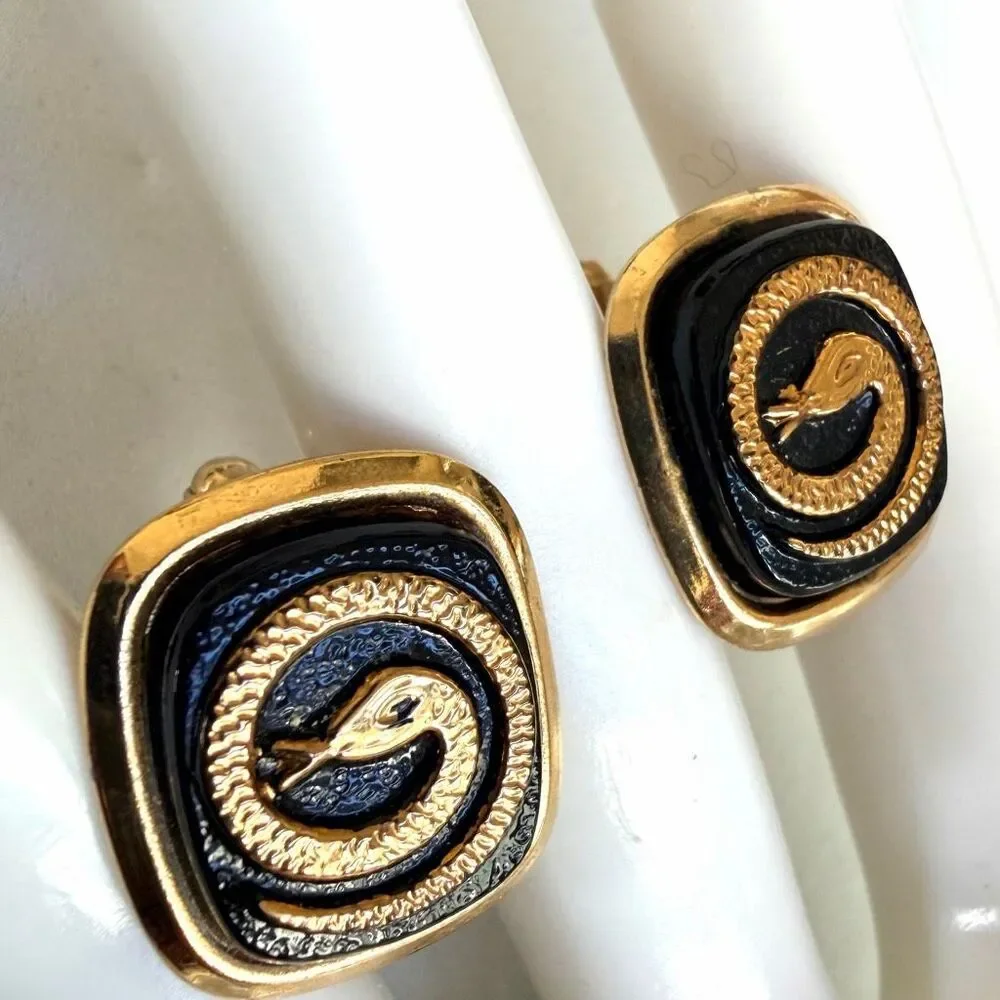 Gold Tone Black Enamel Snake Cufflinks Vintage